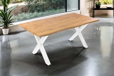 Produktbild von Esstisch Josy | 180 x 90 cm | Holz Wildeiche-Optik | X-Gestell Metall weiß | 40 mm Tischplatte mit Baumkante | Tisch für Esszimmer & Küche