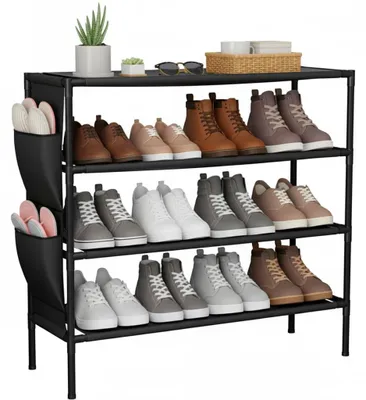 Schuhregal 4 Ebenen, Schwarz, für 16-20 Paar, mit Seitenfach