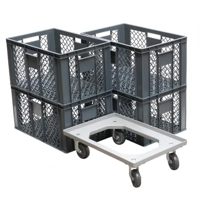 Produktbild von 4 Stück Bäckerkisten 600 x 400 x 320 mm + 1 Transportroller Typ C versch. Farben : grau Farbe: grau