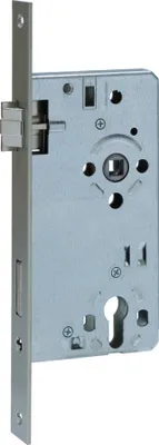 A metal door lock mechanism shown in isolation.