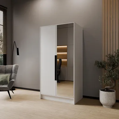 Obrázek produktu pro Skříň s otočnými dveřmi LARO 100 cm Moderní skříň na oblečení se zrcadlem a hladkými dveřmi, bílá s černými úchytkami