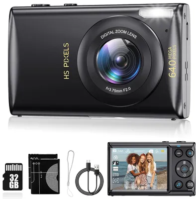 Produktbild von Digitalkamera, 4K HD 1080P 64MP Fotokamera mit 32 GB SD-Karte, Vlogging Kamera, 18-fachem Digitalzoom, Autofokus, kleine Videokamera, MP3-Player