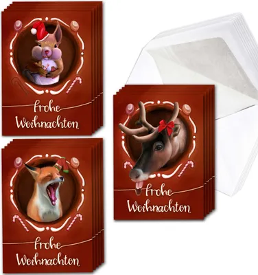Produktbild von Weihnachtskarten Klappkarten Set mit Umschlag - 15 lustige Karten "Tiere im Lebkuchenhaus" | 3 x 5 Motive für individuelle Weihnachtsgrüße | Premium dickes Papier & hochwertiger Umschlag by TOBJA®