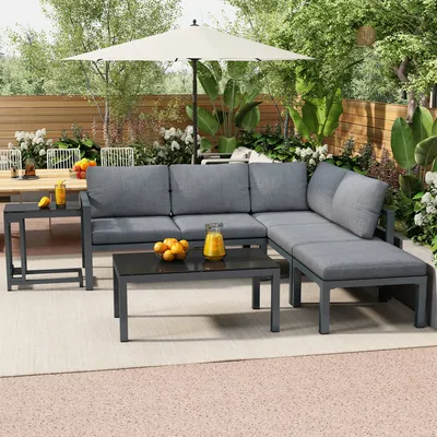 Produktbild von okwish GartenLounge-Set aus Aluminium( 2x2-Sitzer-Sofa, 1 Tisch,1×Einzelstühle,1×Beistelltisch), inklusive aller Kissen- Grau