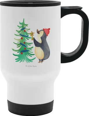 Produktbild von Mr. & Mrs. Panda thermosbecher Pinguin Weihnachtsbaum - Weiß - Geschenk, Weihnachten, trinkbecher mit deckel, Advent, Winter, Kaffeebecher To Go, Isolierbecher