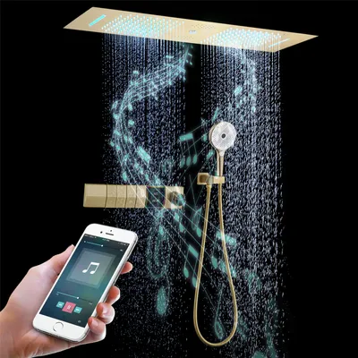 Produktbild von OihPaw Duschsystem mit Musik, LED, 4 Funktionen, Regen/Wasserfall, Handbrause, Messing, Deckenmontage, 300x900mm, Gold