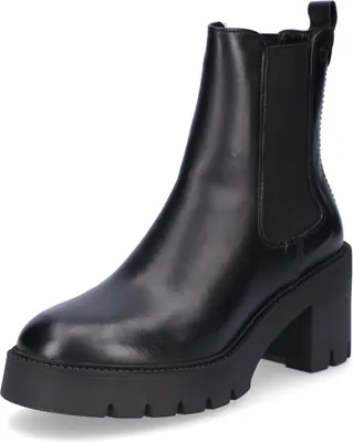 A black leather Chelsea boot with a thick platform sole and heel, shown from a side angle against a white background.