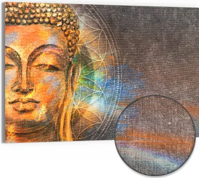 Produktbild von DEQORI Hybrid Leinwand Bild 90x60 cm 'Meditierender Buddha' Wandbild Glas flach modern