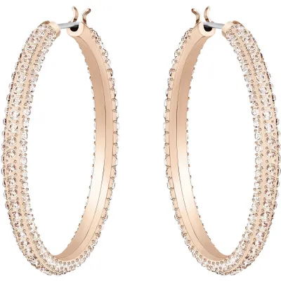 A pair of rose gold hoop earrings encrusted with clear crystals, displayed against a white background.