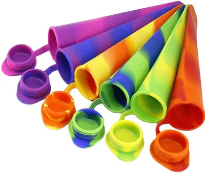 A collection of colorful silicone popsicle molds arranged diagonally on a white background.