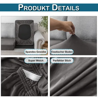 Produktbild von 3 Stück Sofa Überzug Samt für 1-Sitzer, Sofa Bezug mit Gummiband, Sitzkissen Bezug Elastisch Universal, Sofadecken für Sitzfläche Dunkelgrau
