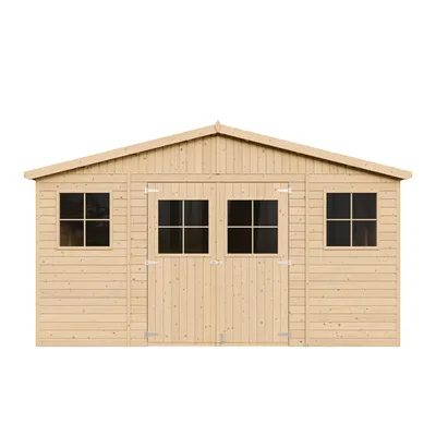Produktbild von Holz Gartenschuppen MIT IMPRÄGNIERTEM BODEN - Abstellkammer mit Fenstern - H246 x 418 x 420 cm/ 16 m² Naturholz-Shiplap-Schuppen - TIMBELA M330+330G