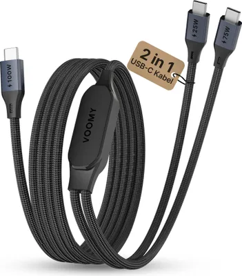 Produktbild von VOOMY 2-in-1 USB-C Kabel – 100W Schnellladekabel für Laptop & Smartphone – Geflochten, 1.2m – Datenkabel mit Aluminiumgehäuse – Schwarz/Grau/Blau