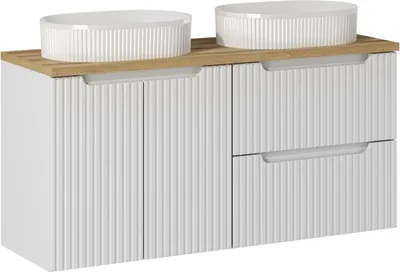 Immagine prodotto di Mobile Bagno Doppio Bianco Scanalato 120 Cm Con Piano In Rovere E 2 Lavabi