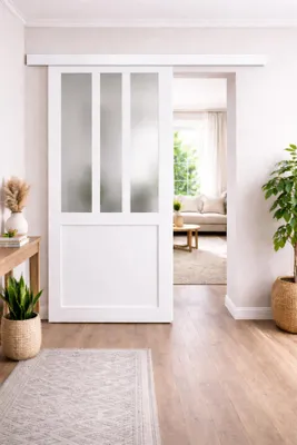 Immagine prodotto di Porta scorrevole da laboratorio bianca con vetro opaco H204 x L93 cm, binario in alluminio bianco, GD MENUISERIES