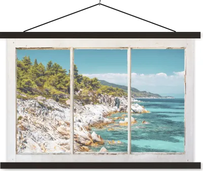 Produktbild von MuchoWow® Textilposter Aussicht - Meer - Strand 60x40 cm mit schwarzem Rahmen - Hölzernes
