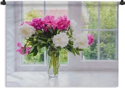 Produktbild von MuchoWow® Wandteppich Wandbehang Blumen - Pfingstrosen - Vase 90x67.5 cm Tapisserie Dekoration Wandtuch - Fototeppich - Wand-Skulpturen