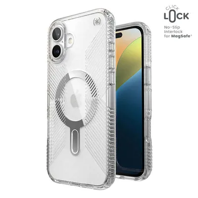 Obrázok produktu pre Speck Presidio Perfect-Clear Grip ClickLock & MagSafe - puzdro pre iPhone 16 Plus (číre / s chrómovým povrchom / strieborné)