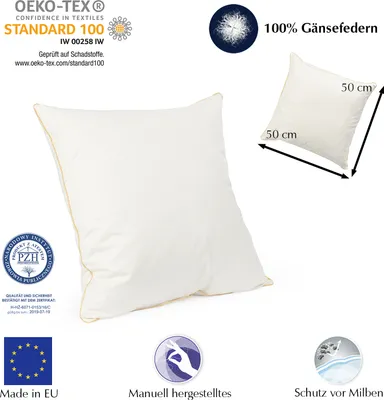 Produktbild von 2er Set Federkissen 50x50 cm | Kissenfülung 700g 100% Federn | Kissen mit  Zertifikat | Bezug 100% Baumwolle