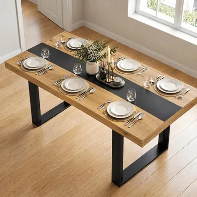Imagen del producto de Mesa de comedor rectangular - 180 x 90 cm - Para 6 a 8 personas - Aspecto madera - Roble
