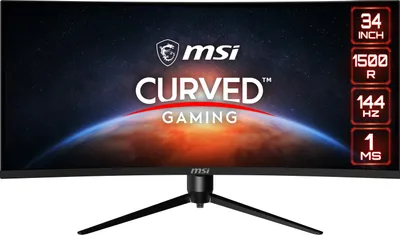 A curved gaming monitor with marketing text and specifications displayed on the screen.