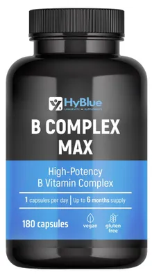 Immagine prodotto di HyBlue Vitamina B Complex Alto Dosaggio, 180 Cps | Complesso Vitamine Gruppo B con B12, Biotina & Acido Folico | Supporto Energia & Sistema Nervoso | No Glutine Ne Lattosio, 100% Vegano | Fino 6 Mesi