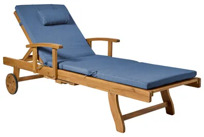 Produktbild von BELIANI Gartenliege Hellbraun u. Blau Akazienholz Verstellbar Rollbar Sonnenliege mit Tisch und Auflage Terrasse Garten Balkon Modernes Design