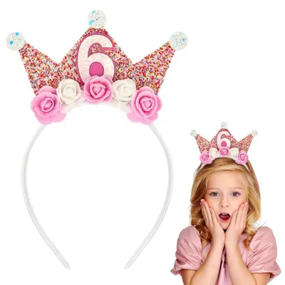 Produktbild von Geburtstagskrone Haarreif Diadem - Glitzer-Zahlen und Rosen - Für Mädchen von 3 bis 6 Jahren - Kinderparty Partykrone