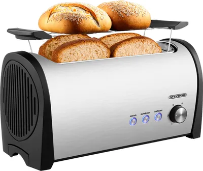 A Steinborg toaster with bread slices and buns on top, set against a white background.