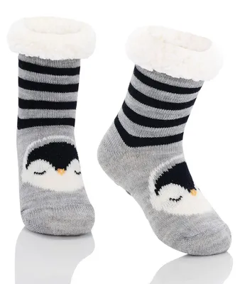 Produktbild von Kindersocken Winter warm flauschig dick Kuschelsocken Haussocken Bodensocken 3-5 Jahre Schwarz Grau Pinguin