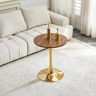 Produktbild von MODFU Couchtisch Rund,Beistelltisch,Optik in Walnussholzmaserung,Kaffeetisch,goldfarbene Stützbasis,Für Wohnzimmer,Gold+Walnuss