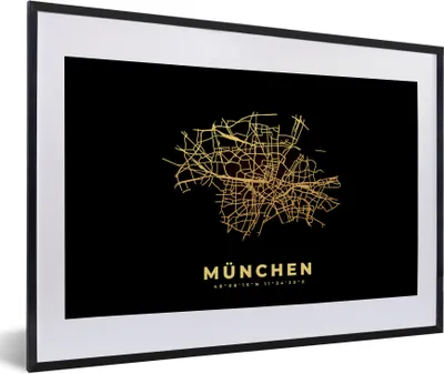Produktbild von MuchoWow® Gerahmtes Poster Gold - Karte - München - Stadtplan 60x40 cm - Poster mit Schwarzem Bilderrahmen Wandposter Rahmen Foto Bilder - Schlafzimmer - Plakat in Rahmen - Drucken