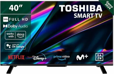 A Toshiba Smart TV with various app logos displayed on the screen.