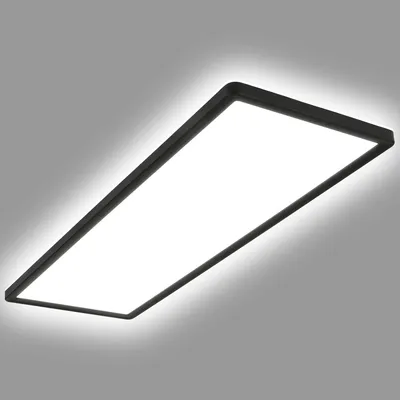 A rectangular LED ceiling light with a black frame is shown against a light gray background.