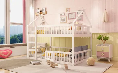 Image de Lit superposé 140x200, en bois massif avec espace de rangement, lit pour enfant avec barrière de sécurité et porte, lit en bois avec escalier et espace de rangement en dessous du couchage, couleur blanche