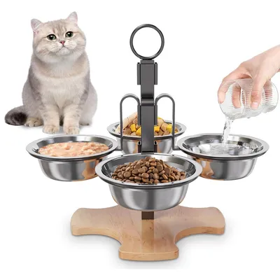 Produktbild von Futternapf Katze Katzennapf erhöht, Erhöhte Katzennäpfe mit Ständer, 3 höhenverstellbare Futter- und Wassernäpfe für Wohnungskatzen, 4 Katzennäpfe