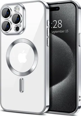Image de Coque magnétique transparente pour iPhone 15 Pro Max, compatible MagSafe, coque de protection galvanisée avec protection de l'appareil photo Argent