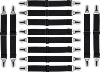 Produktbild von Verstellbare Bettlakenspanner [12er Set] | Betttuchspanner mit Metallclips aus Edelstahl - Farbe: schwarz | elastische Matratzenhalter | 12 Stück Spannbettlakenhalter für Bett oder Safa | Lakenspanne