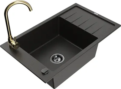 Produktbild von Mexen Elias 1 Becken-Granitspüle mit Abtropffläche und Mischbatterie Telma, Schwarz/Gold - 6511-75-670200-50-B