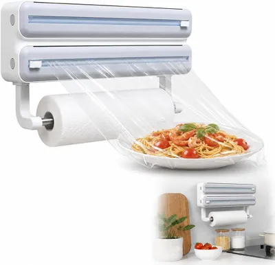 Produktbild von Küchenrollenhalter 3-in-1, für Rollen bis 31 cm, Multifunktionaler Folien- und Aluminiumfolienspender, grau