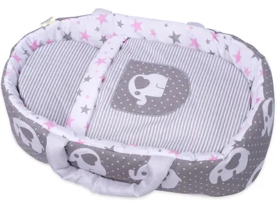 Image de Porte-bébé BOBO pour poupée jusqu'à 45 cm avec linge de lit et applications - Gris avec éléphants
