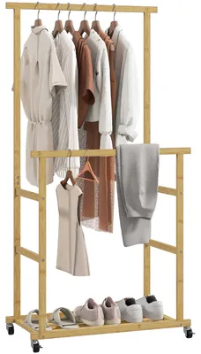 Produktbild von Kleiderständer mit Rollen, Garderobenständer mit Kleiderstange, Schuhablage, aus Bambus, 80 x 40 x 160 cm, Natur