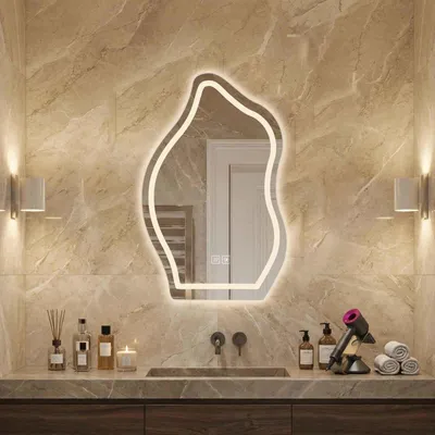 Produktbild von AIORBER LED Badspiegel Unregelmäßig Touch Anti-Beschlag 3 Lichtfarben Dimmbar Wandspiegel Design Asymmetrisch Badezimmerspiegel, 60x80 cm, Silber