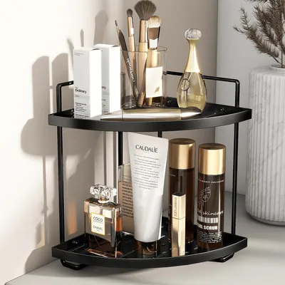 Produktbild von 2-stufiger Badezimmer-Thekenorganizer, schwarzes Eckregal für Make-up und Hautpflege, praktischer und platzsparender Organizer für das Badezimmer.