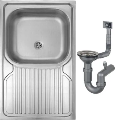 A stainless steel sink and its drainage system are shown against a white background.