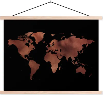 Produktbild von MuchoWow® Textilposter Weltkarte - Rot - Schwarz 120x90 cm mit holzfarbenen Rahmen - Magnetisch