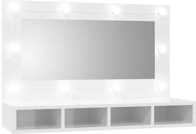 A white vanity mirror with LED lights and storage shelves.