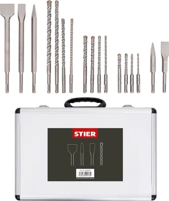 Produktbild von STIER SDS-Plus Bohrer & Meißelsatz, 17-tlg Set im Metallkoffer, SDS-Plus Spitzmeißel, SDS-Plus Flachmeißel, SDS-Plus Breitmeißel, SDS-Plus Bohrer 260 mm - 210 mm
