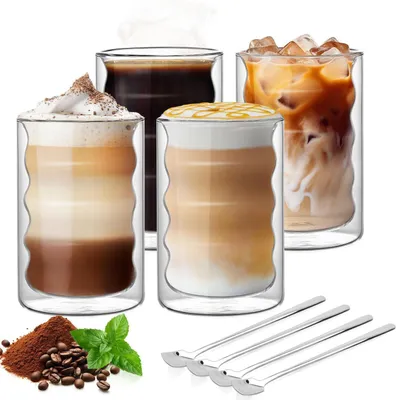 Immagine prodotto di Set di 4 bicchieri doppi in vetro borosilicato da 350 ml per latte macchiato, con 4 cucchiaini