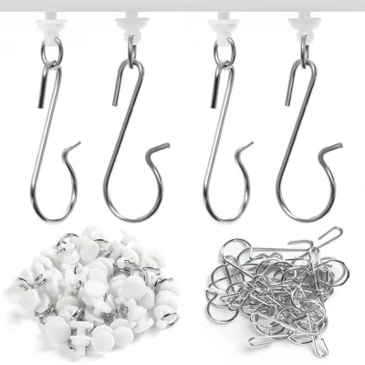 Image de 60 systèmes de fixation pour rideaux, dont 30 tringles à rideaux et 30 crochets, tringles à œillets, roulettes pour tringles, rideau de douche, blanc (style classique)